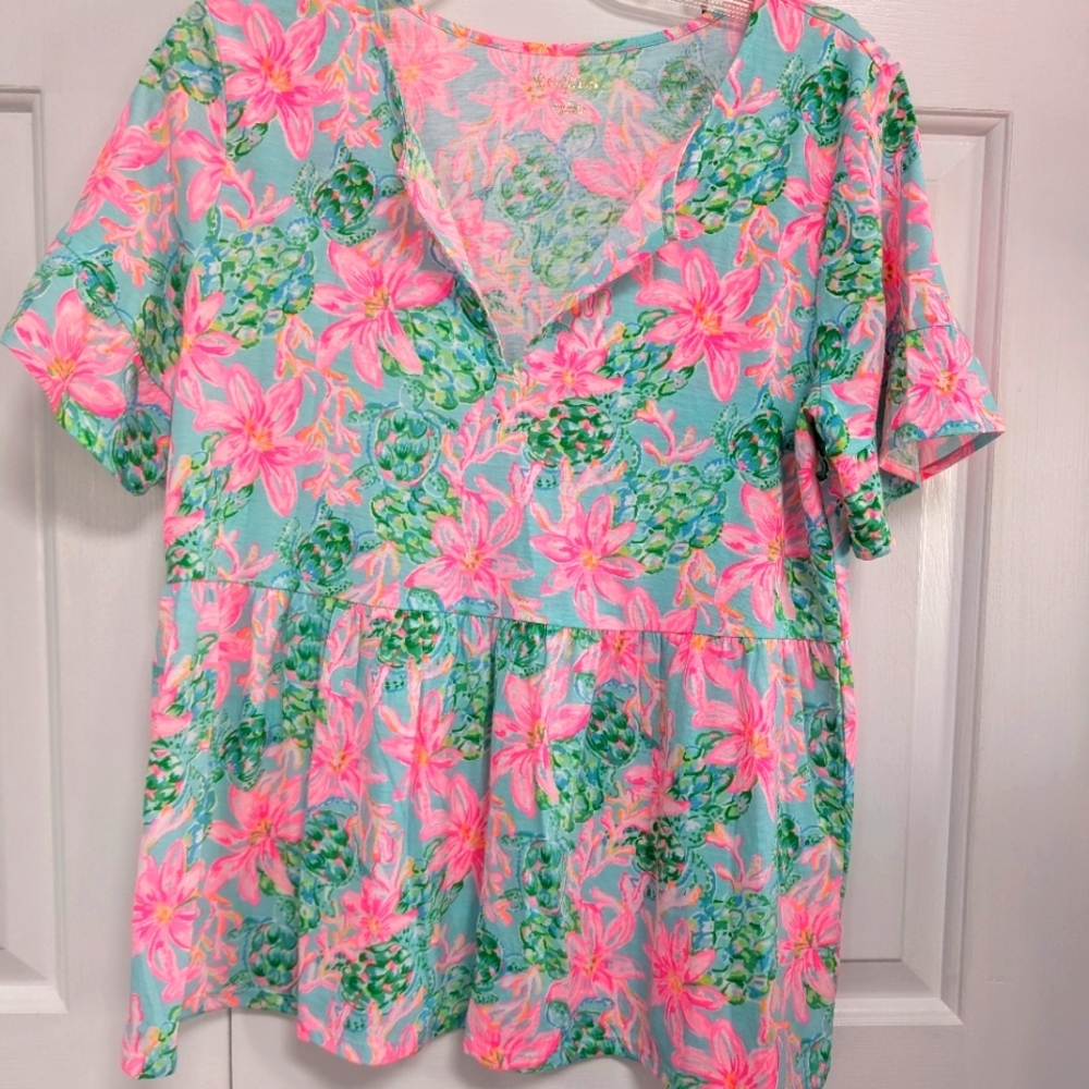 Floral V-Neck Top - Pink and Green